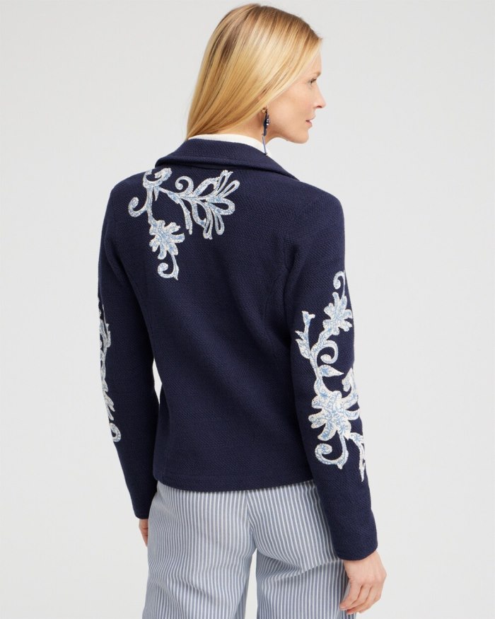 Women's Embroidered Moto Jacket - Classic Navy