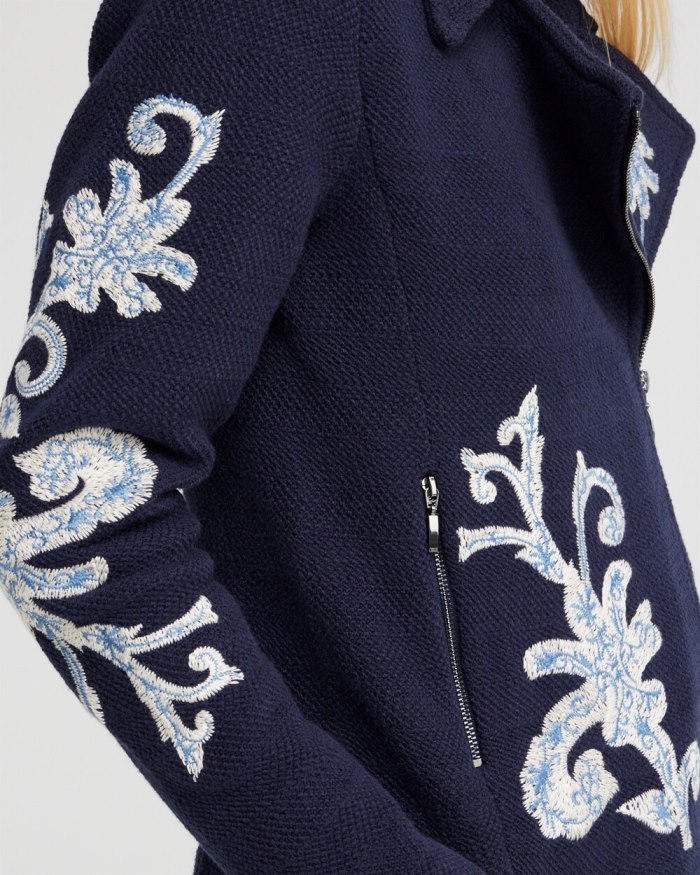 Women's Embroidered Moto Jacket - Classic Navy