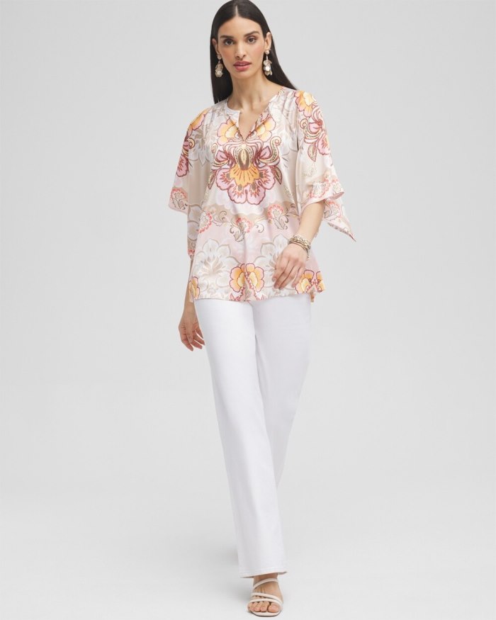 Women's Satin Floral Keyhole Neck Blouse - Porcelain Rose