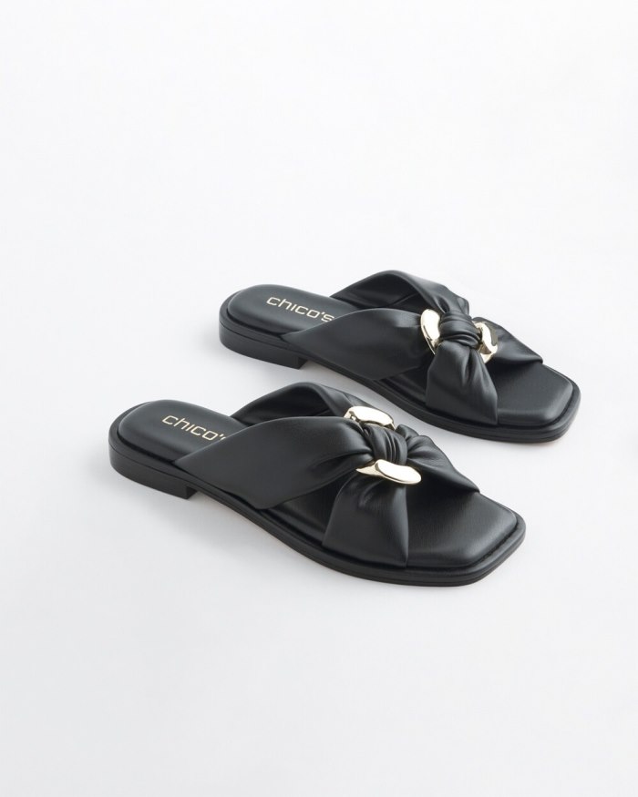 Women's Black Leather Sandals - Black - Click Image to Close