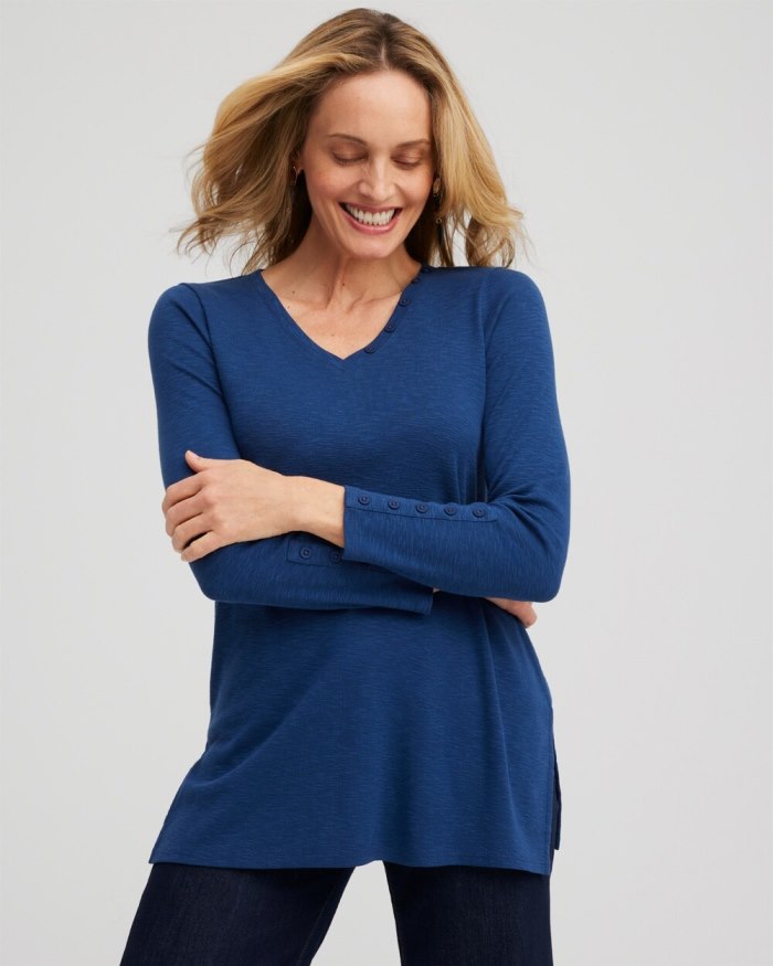 Women's Button Detail V-neck Tunic - Azores Blue