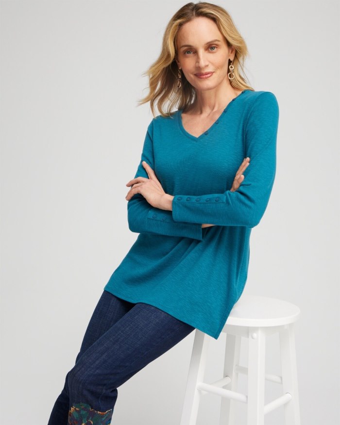 Women's Button Detail V-neck Tunic - Azores Blue