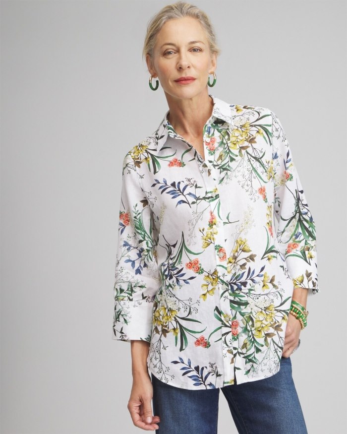 Women's No Iron Linen Floral 3/4 Sleeve Shirt - Optic White - Click Image to Close