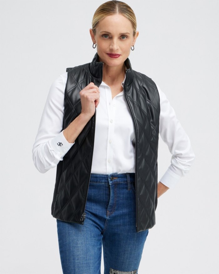 Women's Black Faux Leather Quilted Vest - Black