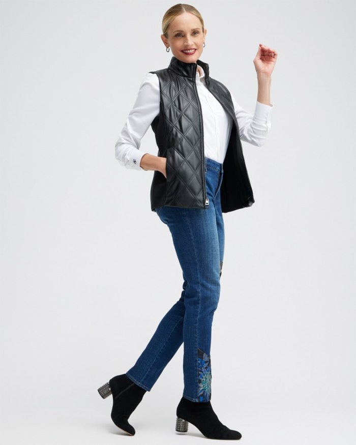 Women's Black Faux Leather Quilted Vest - Black