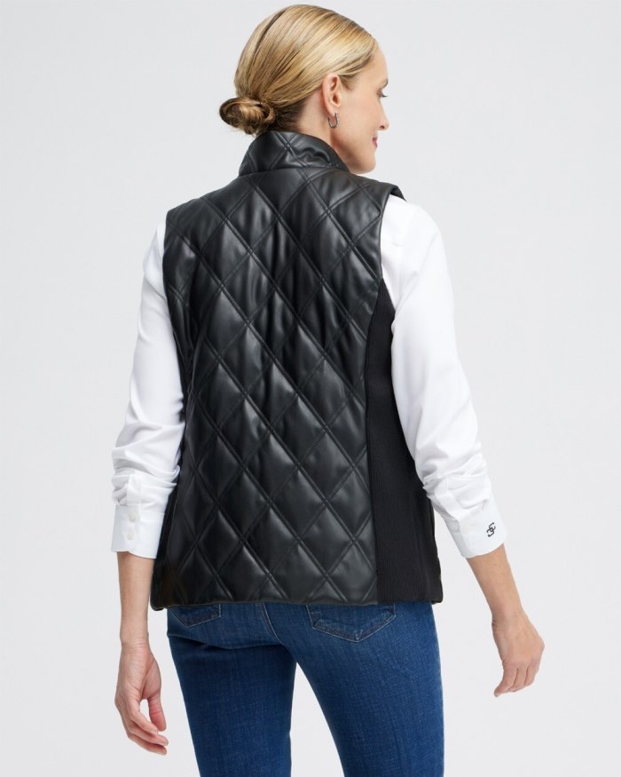 Women's Black Faux Leather Quilted Vest - Black