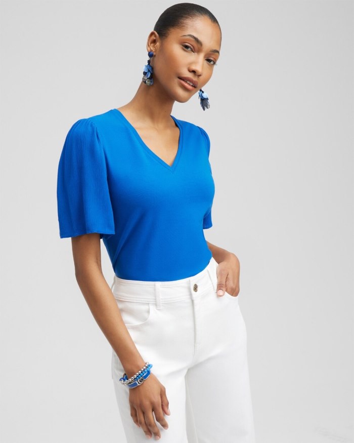 Women's Gauze Flutter Sleeve Top - Intense Azure - Click Image to Close