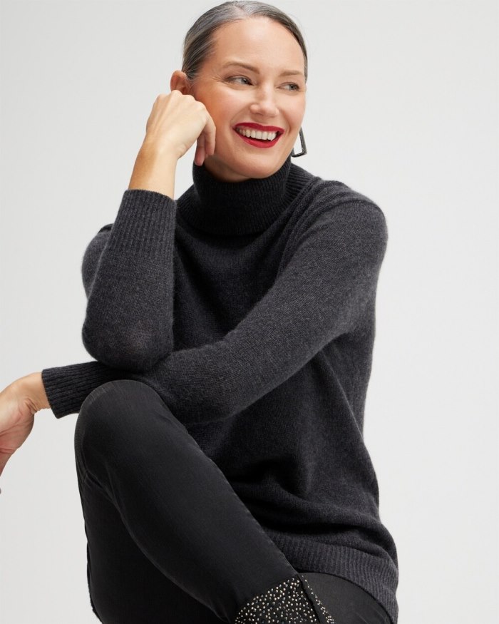 Women's Cashmere Turtleneck Tunic Sweater - Ecru