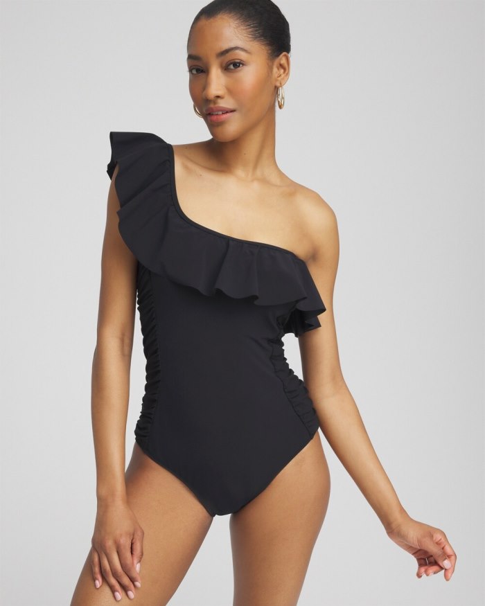 Women's One Shouler One Piece Swimsuit - Black - Click Image to Close