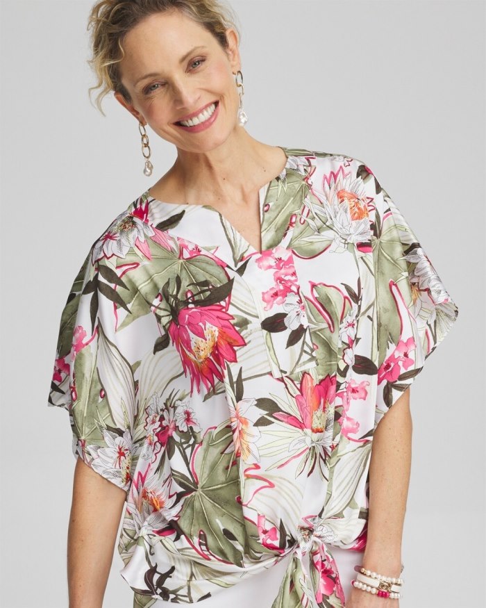 Women's Satin Floral Tie Front Top - PINK BROMELIAD