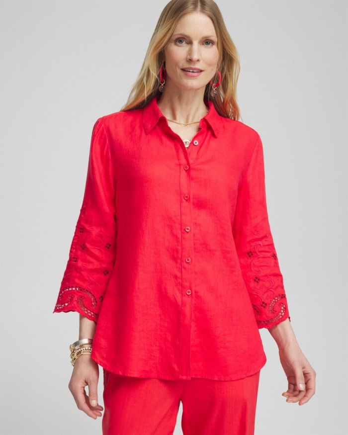 Women's Linen Eyelet Sleeve Shirt - Watermelon Punch