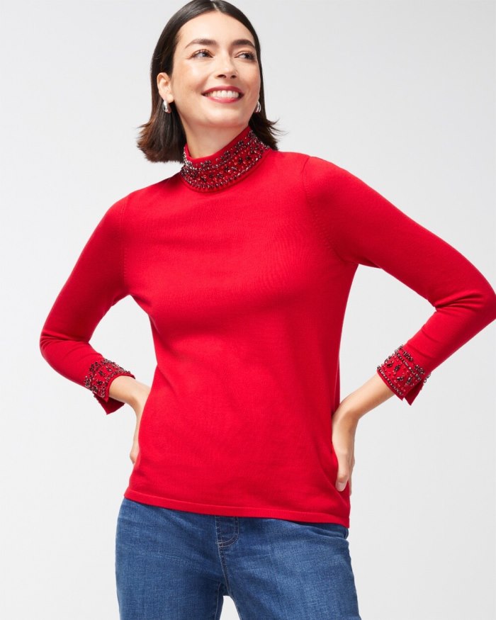 Women's Embellished Floral Turtleneck - Wild Poppy - Click Image to Close