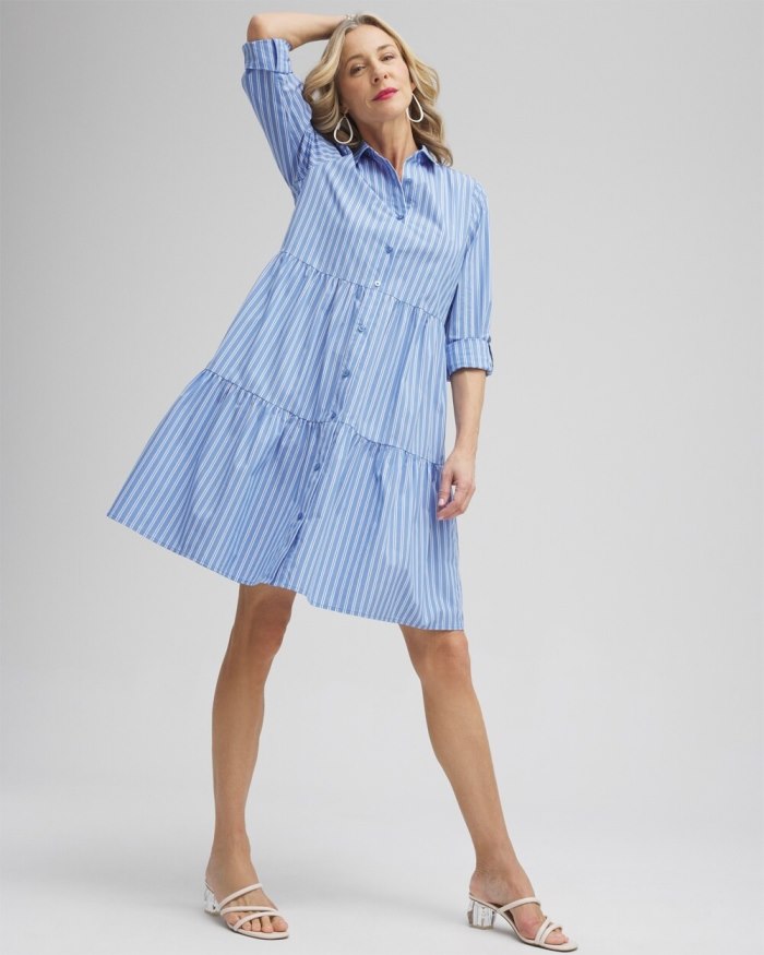 Women's Poplin Stripe Shirt Dress - French Blue - Click Image to Close