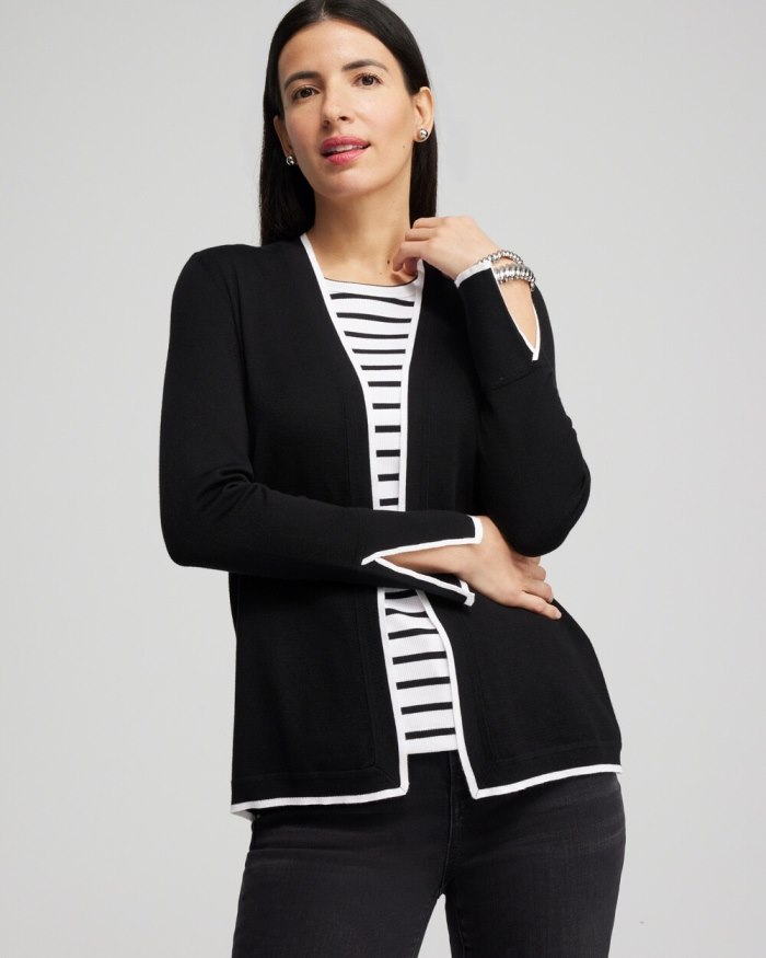 Women's Spun Rayon Contrast Trim Cardigan - Black - Click Image to Close