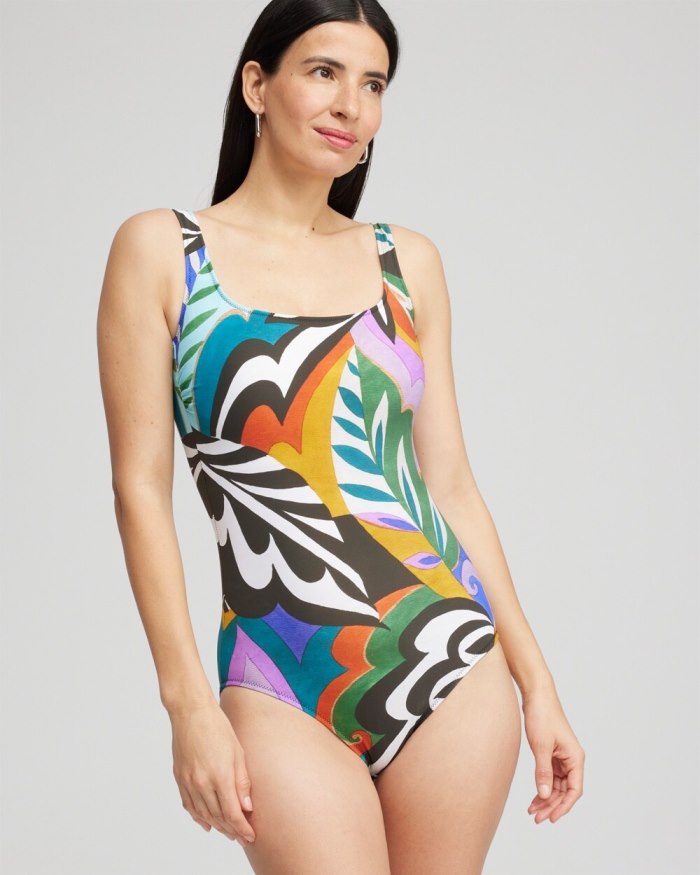 Women's Print Square Neck One Piece Swimsuit - Multi