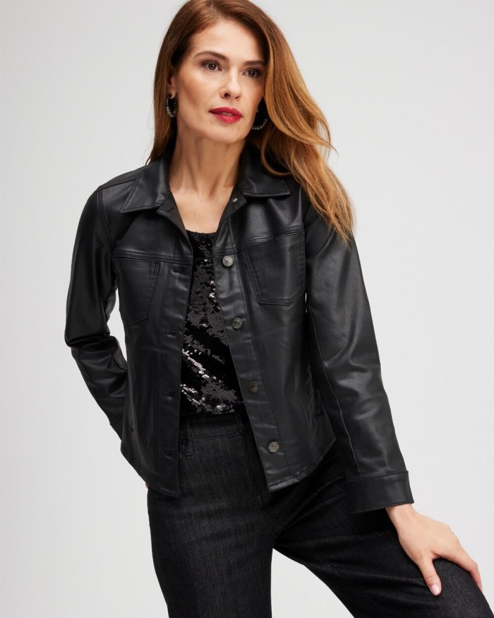 Women's Coated Denim Jacket - Black - Click Image to Close