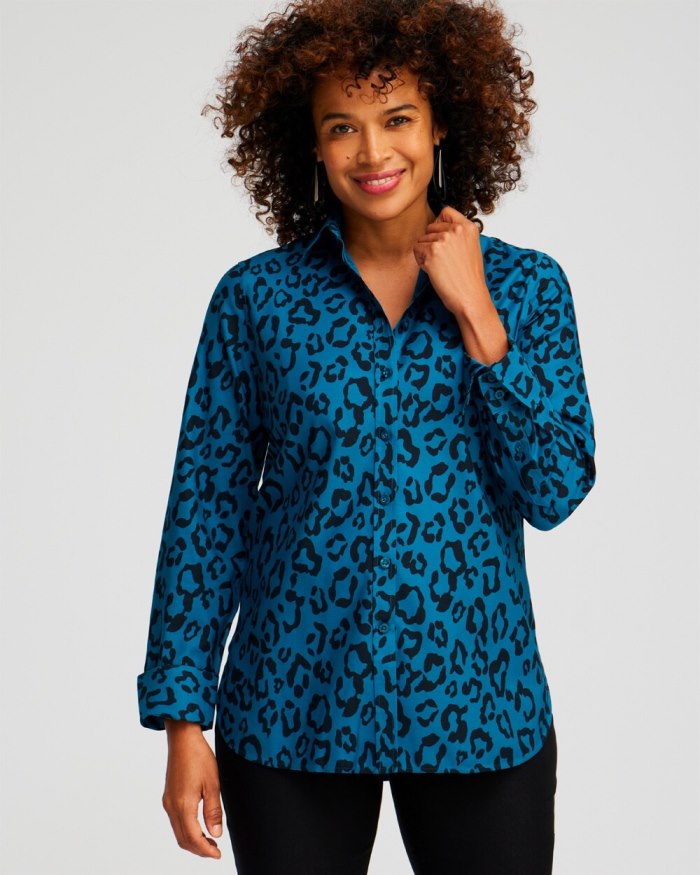 Women's No Iron Stretch Animal Print Shirt - Moonlit Teal - Click Image to Close