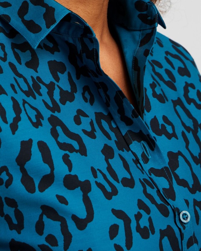 Women's No Iron Stretch Animal Print Shirt - Moonlit Teal