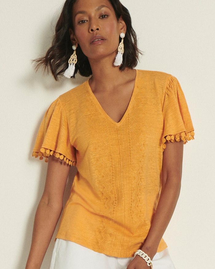 Women's Linen Embroidered Flutter Sleeve Top - Mango Sorbet - Click Image to Close