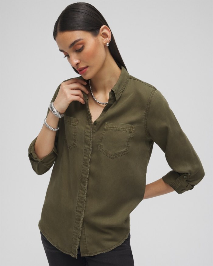 Women's Twill Fringe Hem Shirt - Olive