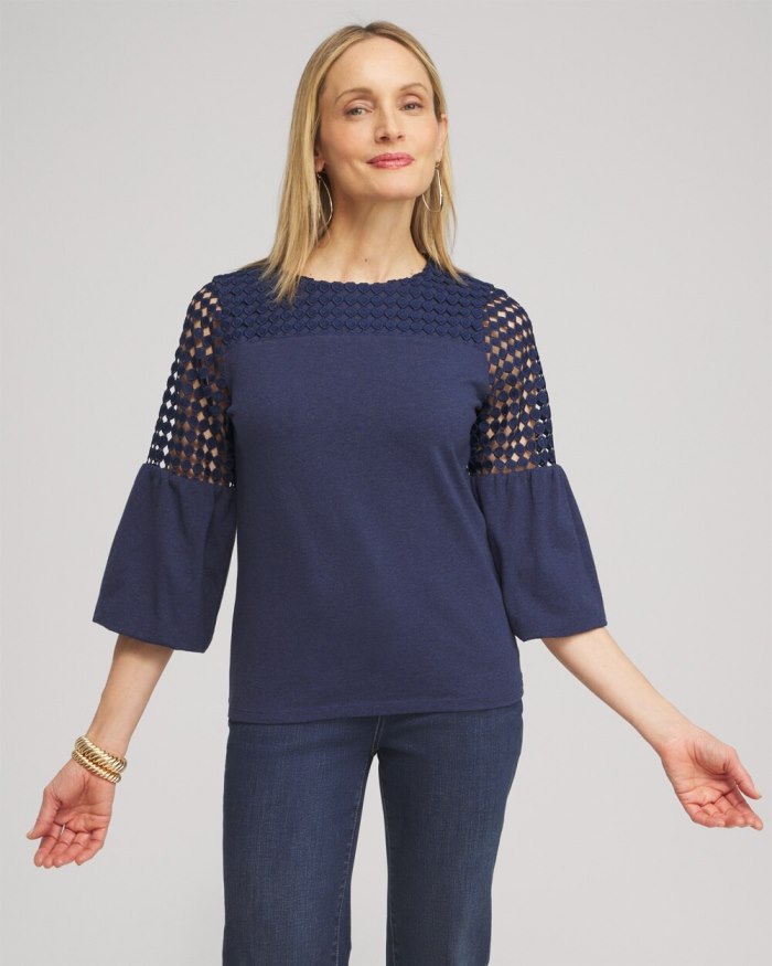 Women's Faux Denim Lace Mix Top - Dark Denim - Click Image to Close