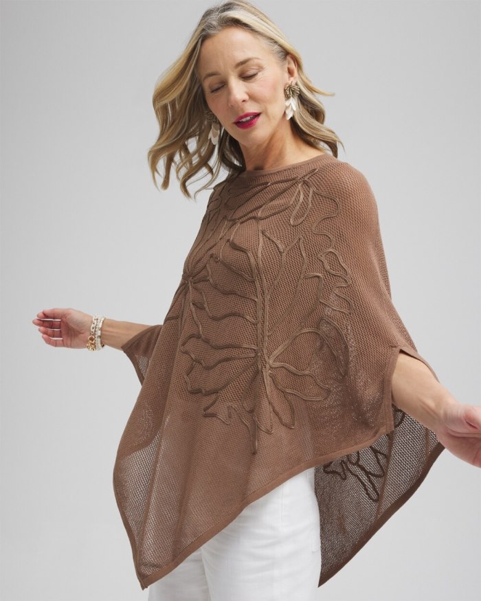 Women's Embroidered Knit Triangle Poncho - Teakwood