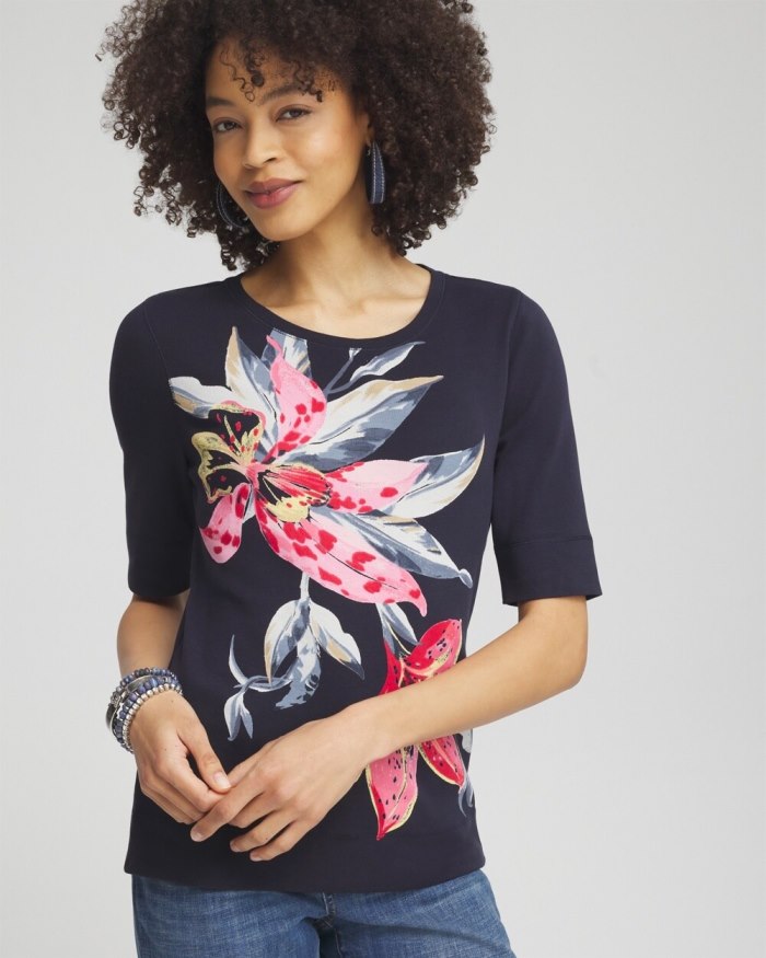 Women's Floral Jewel Neck Tee - Classic Navy