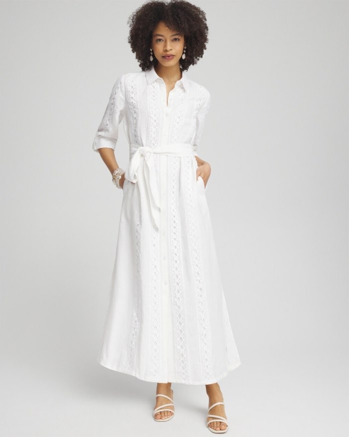 Women's Linen Lace Shirt Dress - Alabaster - Click Image to Close