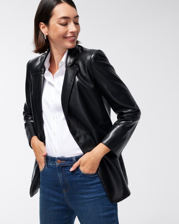 Women's Faux Leather Blazer - Black