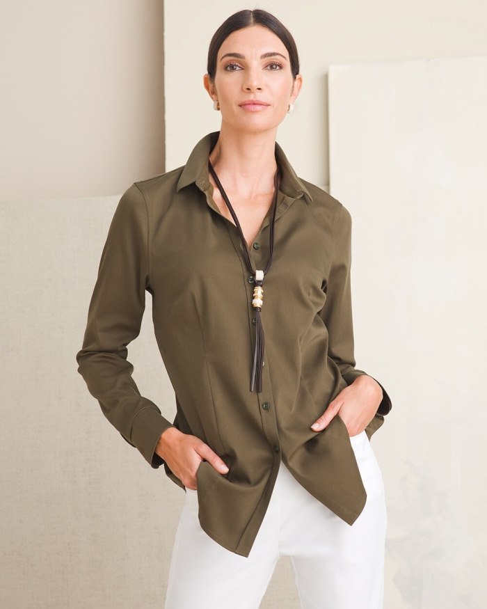 Women's No-Iron Fitted Stretch Shirt - Ambered Olive - Click Image to Close