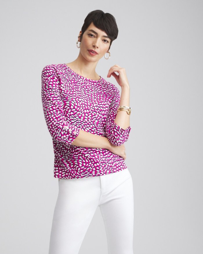 Women's Squares 3/4 Sleeve Button Tee - Magenta Rose - Click Image to Close