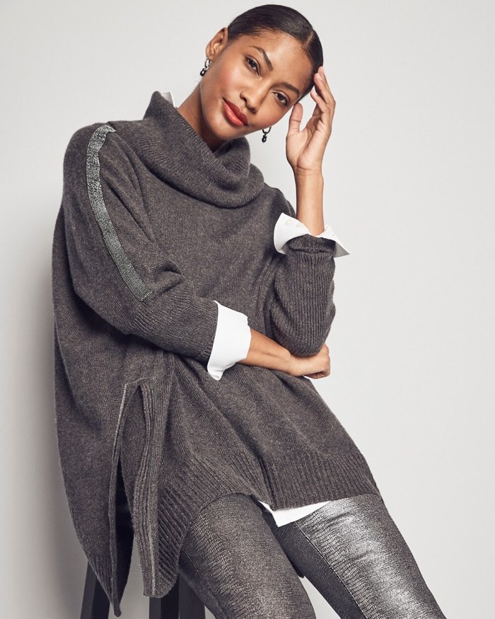 Women's Ball Chain Knit Poncho - Graphite Heather Gray