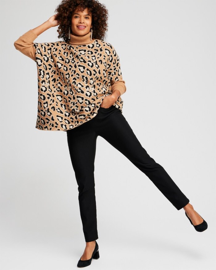 Women's Animal Print Turtleneck Pullover Sweater - Camel