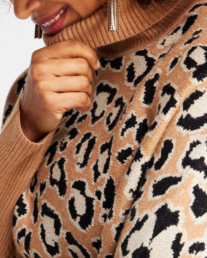 Women's Animal Print Turtleneck Pullover Sweater - Camel