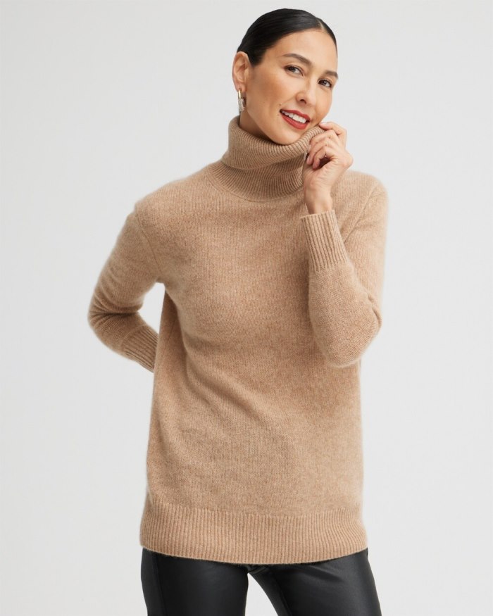 Women's Cashmere Turtleneck Tunic Sweater - Camel