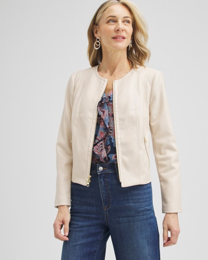 Women's Faux Leather Ponte Detail Jacket - Neutral