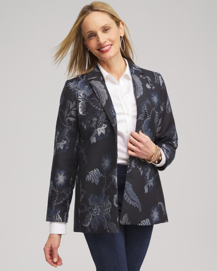 Women's Floral Jacquard Blazer - Classic Navy - Click Image to Close