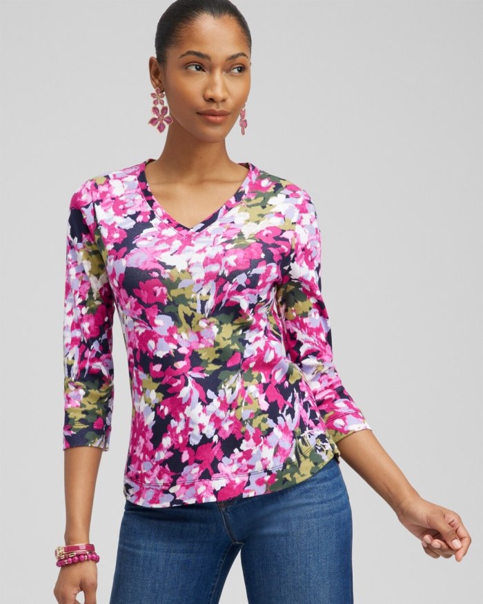 Women's Floral Everyday 3/4 Sleeve Tee - Magenta Rose