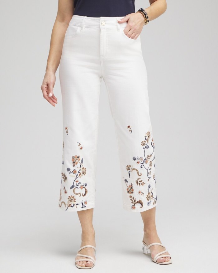 Women's Embroidered Cropped Trouser Jeans - Alabaster - Click Image to Close