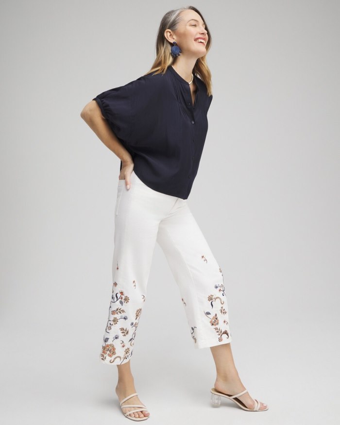 Women's Embroidered Cropped Trouser Jeans - Alabaster