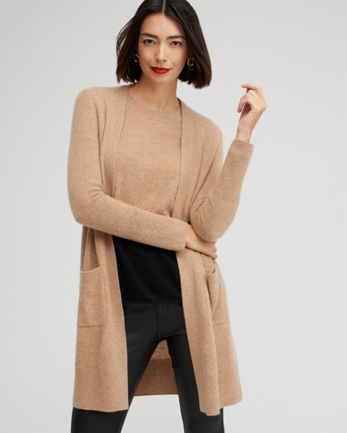 Women's Cashmere Duster Cardigan Sweater - Camel - Click Image to Close