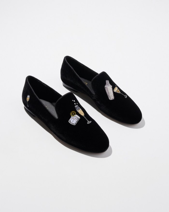 Women's Velvet Embroidered Loafers - Black - Click Image to Close