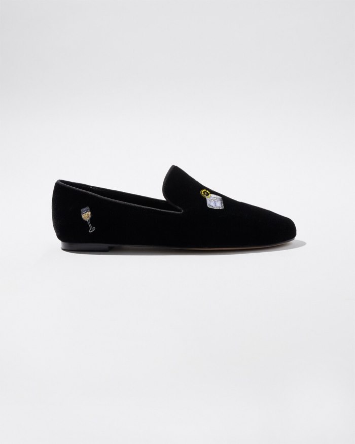 Women's Velvet Embroidered Loafers - Black