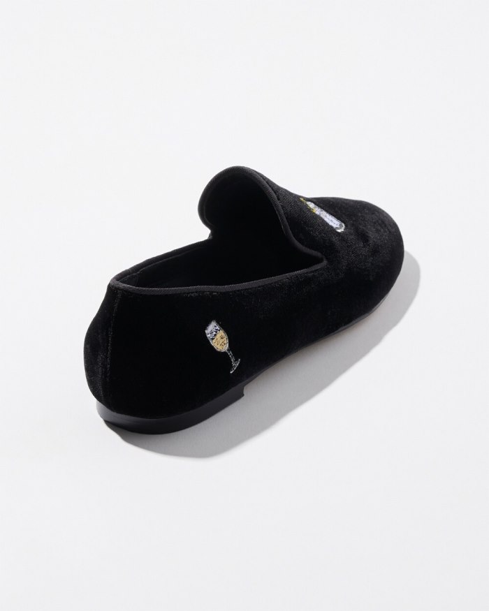 Women's Velvet Embroidered Loafers - Black