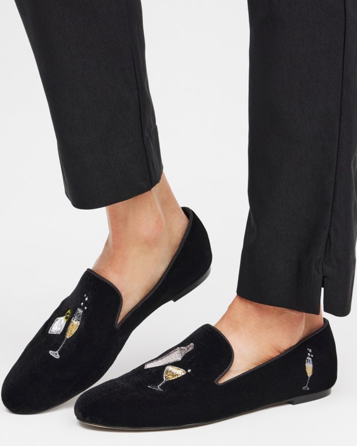 Women's Velvet Embroidered Loafers - Black