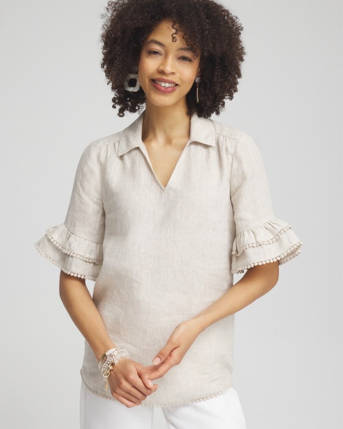 Women's Linen Ruffle Sleeve Blouse - Oatmeal