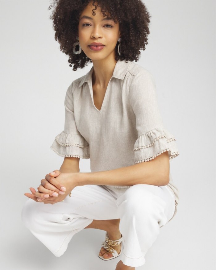 Women's Linen Ruffle Sleeve Blouse - Oatmeal