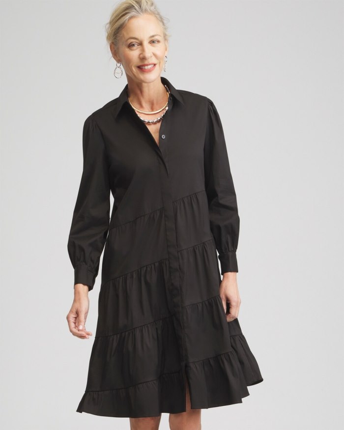 Women's Poplin Asymmetrical Tiered Shirt Dress - Black