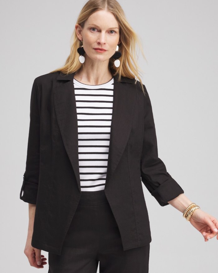 Women's Linen Blend Stretch Blazer - Black - Click Image to Close