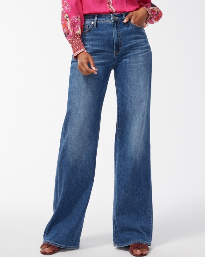 Women's High Rise Wide Leg Jeans - Dragon Road Indigo - Click Image to Close